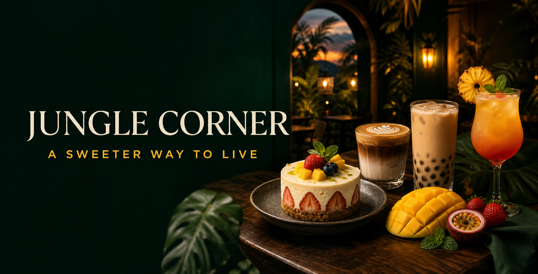 Low-sugar cake, coffee, milk tea and a tropical cocktail